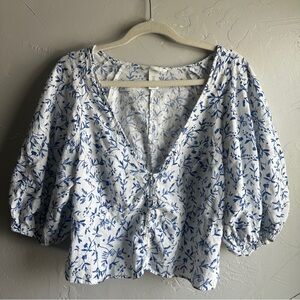 H&M Ditsy Floral Puff Sleeve Babydoll‎ Top Milkmaid Peasant Prairie Sz L